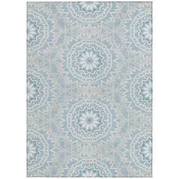 10' X 14' Denim Blue And Ivory Floral Medallion Washable Indoor Outdoor Area Rug