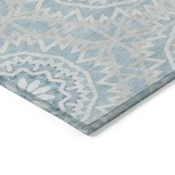 10' X 14' Denim Blue And Ivory Floral Medallion Washable Indoor Outdoor Area Rug