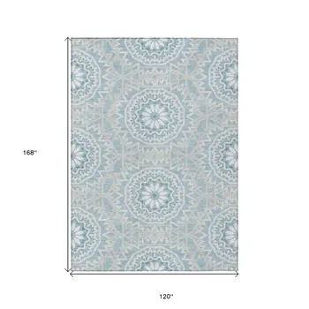 10' X 14' Denim Blue And Ivory Floral Medallion Washable Indoor Outdoor Area Rug