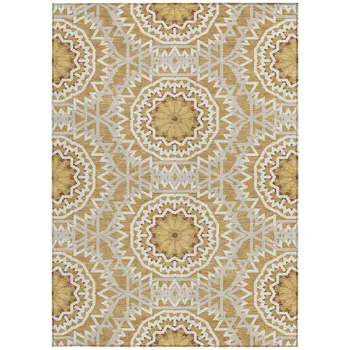 3' X 5' Gold Gray And Ivory Floral Medallion Washable Indoor Outdoor Area Rug