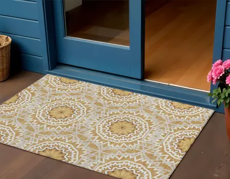 3' X 5' Gold Gray And Ivory Floral Medallion Washable Indoor Outdoor Area Rug
