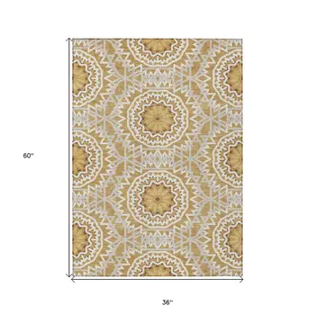 3' X 5' Gold Gray And Ivory Floral Medallion Washable Indoor Outdoor Area Rug
