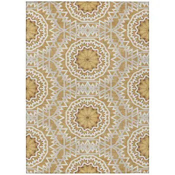 5' X 8' Gold Gray And Ivory Floral Medallion Washable Indoor Outdoor Area Rug