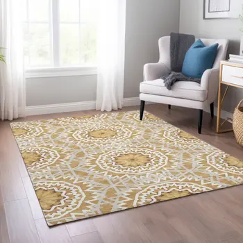 5' X 8' Gold Gray And Ivory Floral Medallion Washable Indoor Outdoor Area Rug