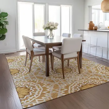 5' X 8' Gold Gray And Ivory Floral Medallion Washable Indoor Outdoor Area Rug