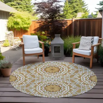 8' Gold Gray And Ivory Round Floral Medallion Washable Indoor Outdoor Area Rug