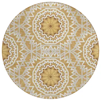 8' Gold Gray And Ivory Round Floral Medallion Washable Indoor Outdoor Area Rug
