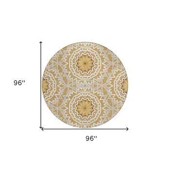 8' Gold Gray And Ivory Round Floral Medallion Washable Indoor Outdoor Area Rug