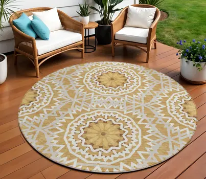 8' Gold Gray And Ivory Round Floral Medallion Washable Indoor Outdoor Area Rug
