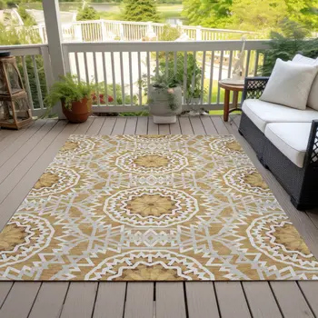 8' X 10' Gold Gray And Ivory Floral Medallion Washable Indoor Outdoor Area Rug