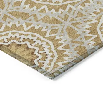 8' X 10' Gold Gray And Ivory Floral Medallion Washable Indoor Outdoor Area Rug
