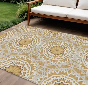 10' X 14' Gold Gray And Ivory Floral Medallion Washable Indoor Outdoor Area Rug