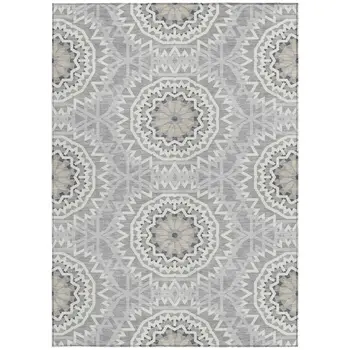 3' X 5' Gray Silver And Ivory Floral Medallion Washable Indoor Outdoor Area Rug