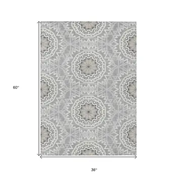 3' X 5' Gray Silver And Ivory Floral Medallion Washable Indoor Outdoor Area Rug