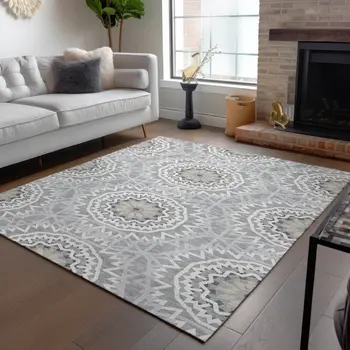 3' X 5' Gray Silver And Ivory Floral Medallion Washable Indoor Outdoor Area Rug