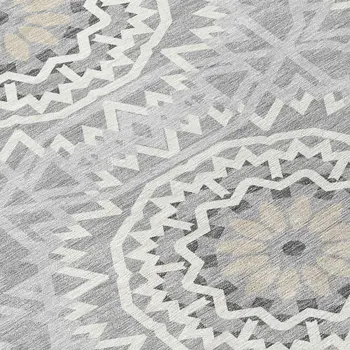 5' X 8' Gray Silver And Ivory Floral Medallion Washable Indoor Outdoor Area Rug