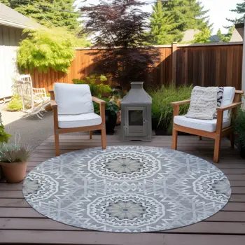 8' Gray Silver And Ivory Round Floral Medallion Washable Indoor Outdoor Area Rug