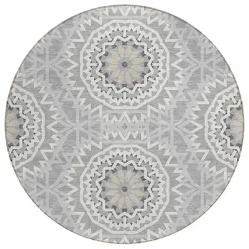 8' Gray Silver And Ivory Round Floral Medallion Washable Indoor Outdoor Area Rug