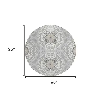 8' Gray Silver And Ivory Round Floral Medallion Washable Indoor Outdoor Area Rug