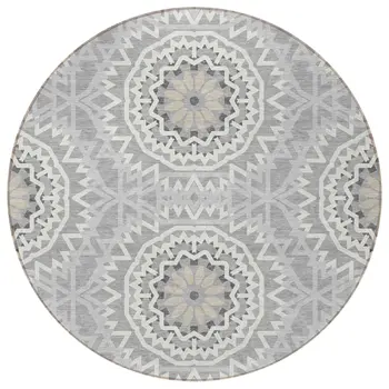 8' Gray Silver And Ivory Round Floral Medallion Washable Indoor Outdoor Area Rug