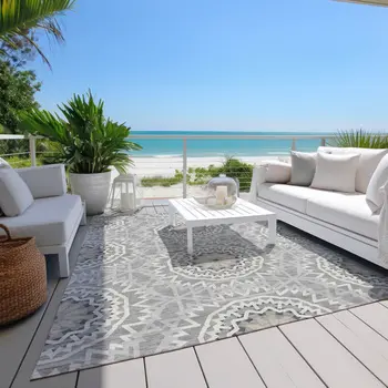 10' X 14' Gray Silver And Ivory Floral Medallion Washable Indoor Outdoor Area Rug