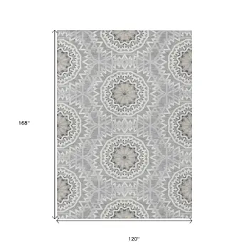10' X 14' Gray Silver And Ivory Floral Medallion Washable Indoor Outdoor Area Rug