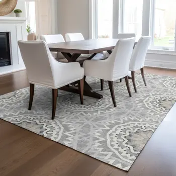 10' X 14' Gray Silver And Ivory Floral Medallion Washable Indoor Outdoor Area Rug