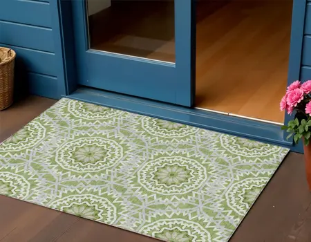3' X 5' Olive Green And Ivory Floral Medallion Washable Indoor Outdoor Area Rug