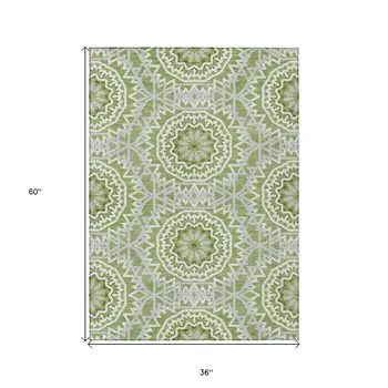 3' X 5' Olive Green And Ivory Floral Medallion Washable Indoor Outdoor Area Rug