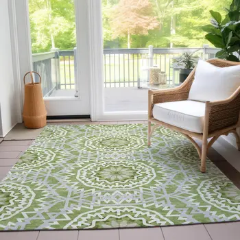 3' X 5' Olive Green And Ivory Floral Medallion Washable Indoor Outdoor Area Rug