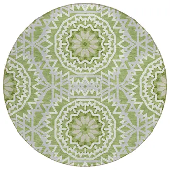 8' Olive Green And Ivory Round Floral Medallion Washable Indoor Outdoor Area Rug