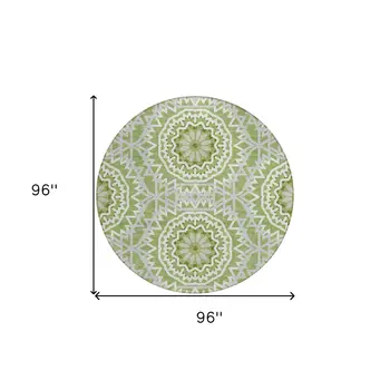 8' Olive Green And Ivory Round Floral Medallion Washable Indoor Outdoor Area Rug