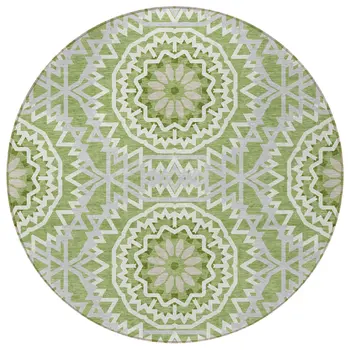 8' Olive Green And Ivory Round Floral Medallion Washable Indoor Outdoor Area Rug