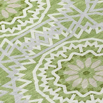 8' Olive Green And Ivory Round Floral Medallion Washable Indoor Outdoor Area Rug