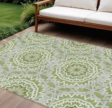 8' X 10' Olive Green And Ivory Floral Medallion Washable Indoor Outdoor Area Rug