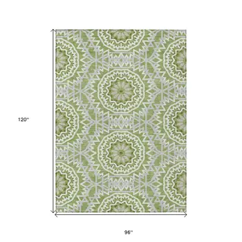 8' X 10' Olive Green And Ivory Floral Medallion Washable Indoor Outdoor Area Rug