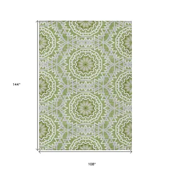 9' X 12' Olive Green And Ivory Floral Medallion Washable Indoor Outdoor Area Rug
