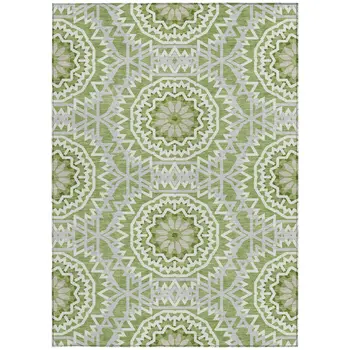 9' X 12' Olive Green And Ivory Floral Medallion Washable Indoor Outdoor Area Rug