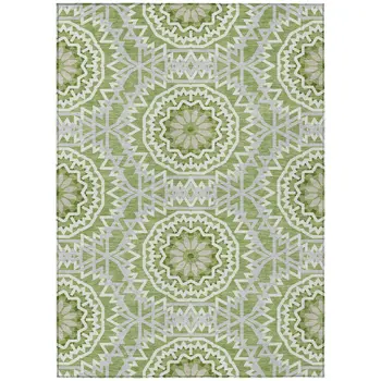 10' X 14' Olive Green And Ivory Floral Medallion Washable Indoor Outdoor Area Rug
