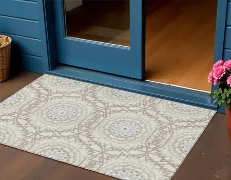 3' X 5' Ivory Beige And Silver Floral Medallion Washable Indoor Outdoor Area Rug