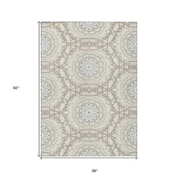 3' X 5' Ivory Beige And Silver Floral Medallion Washable Indoor Outdoor Area Rug