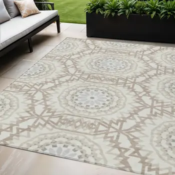 5' X 8' Ivory Beige And Silver Floral Medallion Washable Indoor Outdoor Area Rug