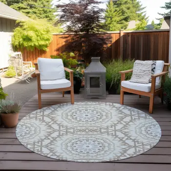 8' Ivory Beige And Silver Round Floral Medallion Washable Indoor Outdoor Area Rug