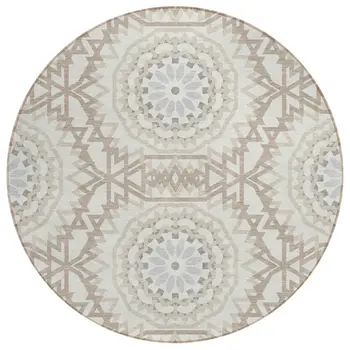 8' Ivory Beige And Silver Round Floral Medallion Washable Indoor Outdoor Area Rug
