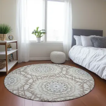 8' Ivory Beige And Silver Round Floral Medallion Washable Indoor Outdoor Area Rug