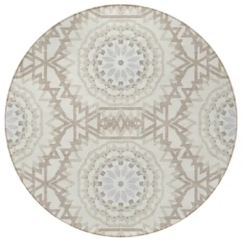8' Ivory Beige And Silver Round Floral Medallion Washable Indoor Outdoor Area Rug