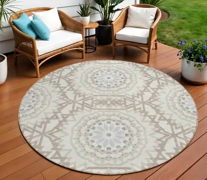 8' Ivory Beige And Silver Round Floral Medallion Washable Indoor Outdoor Area Rug