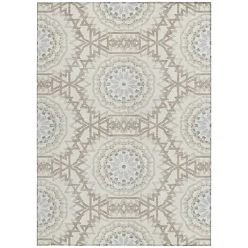 9' X 12' Ivory Beige And Silver Floral Medallion Washable Indoor Outdoor Area Rug
