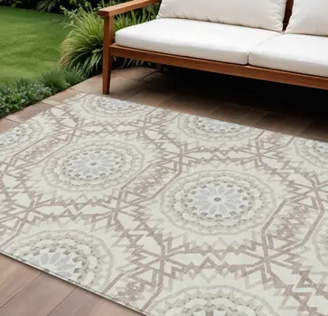 10' X 14' Ivory Beige And Silver Floral Medallion Washable Indoor Outdoor Area Rug