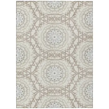 10' X 14' Ivory Beige And Silver Floral Medallion Washable Indoor Outdoor Area Rug